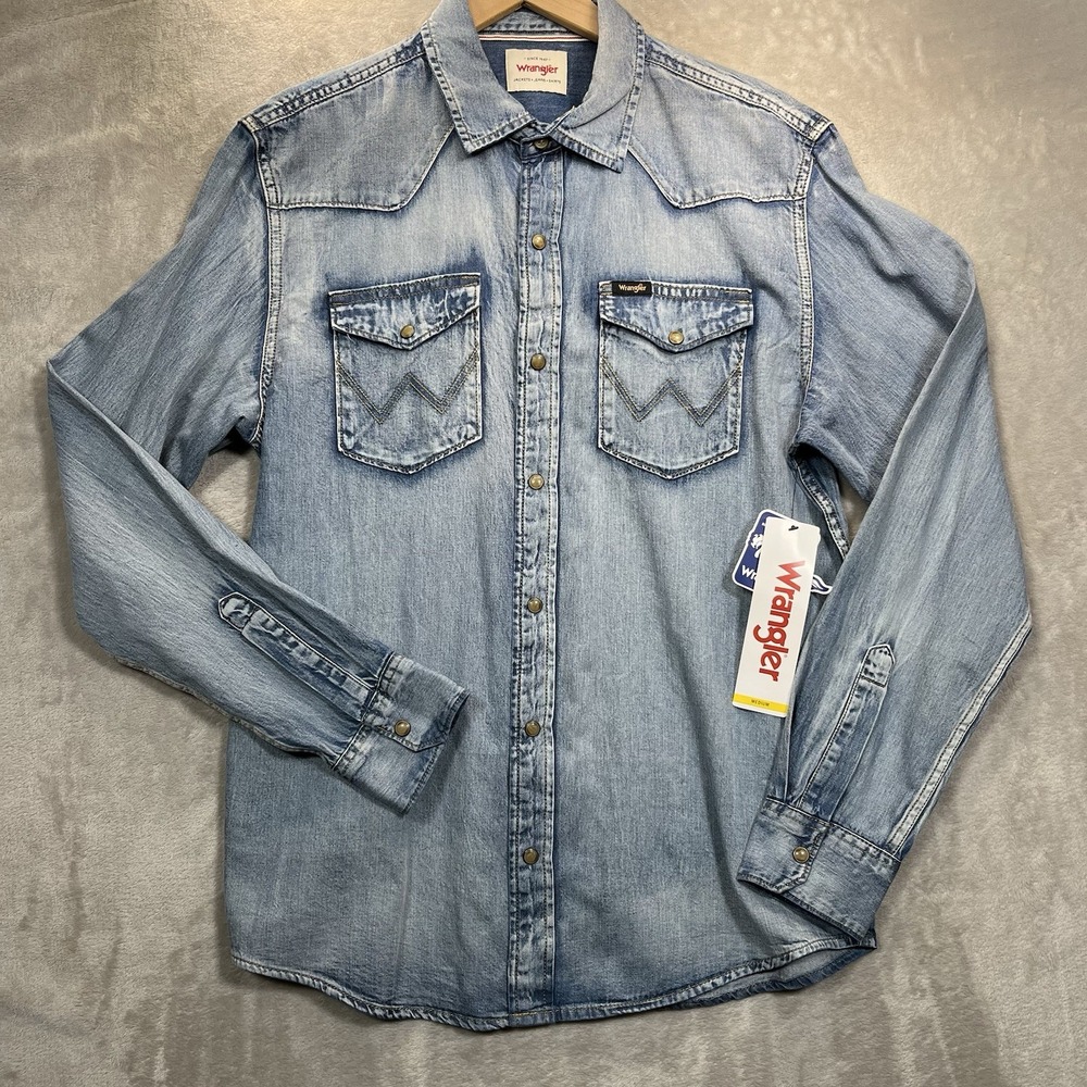 Wrangler Shirt Men's Iconic Denim M Regular Fit Snap Light Wash Denim